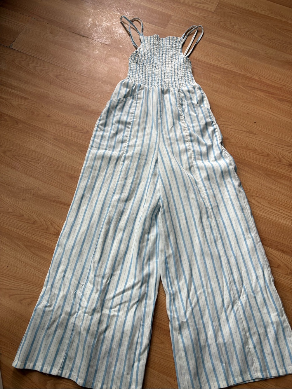Bluenotes Blue White Striped Smocked Jumpsuit linen blend New England summer M - Picture 3 of 10